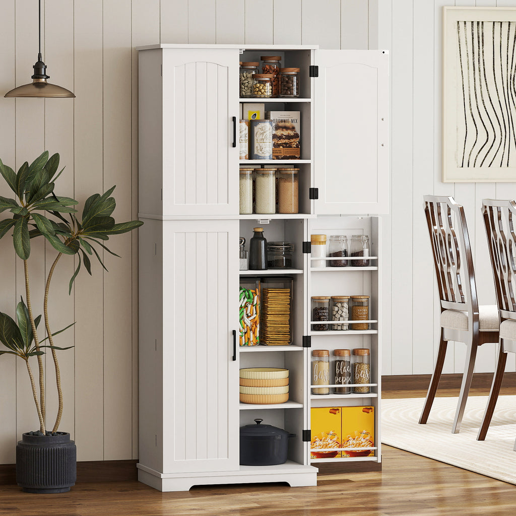 Buffet haut cuisine, armoire de cuisine, 4 portes, 10 niches, 8 porte-épices et étagères réglables, 60x35x162cm, blanc