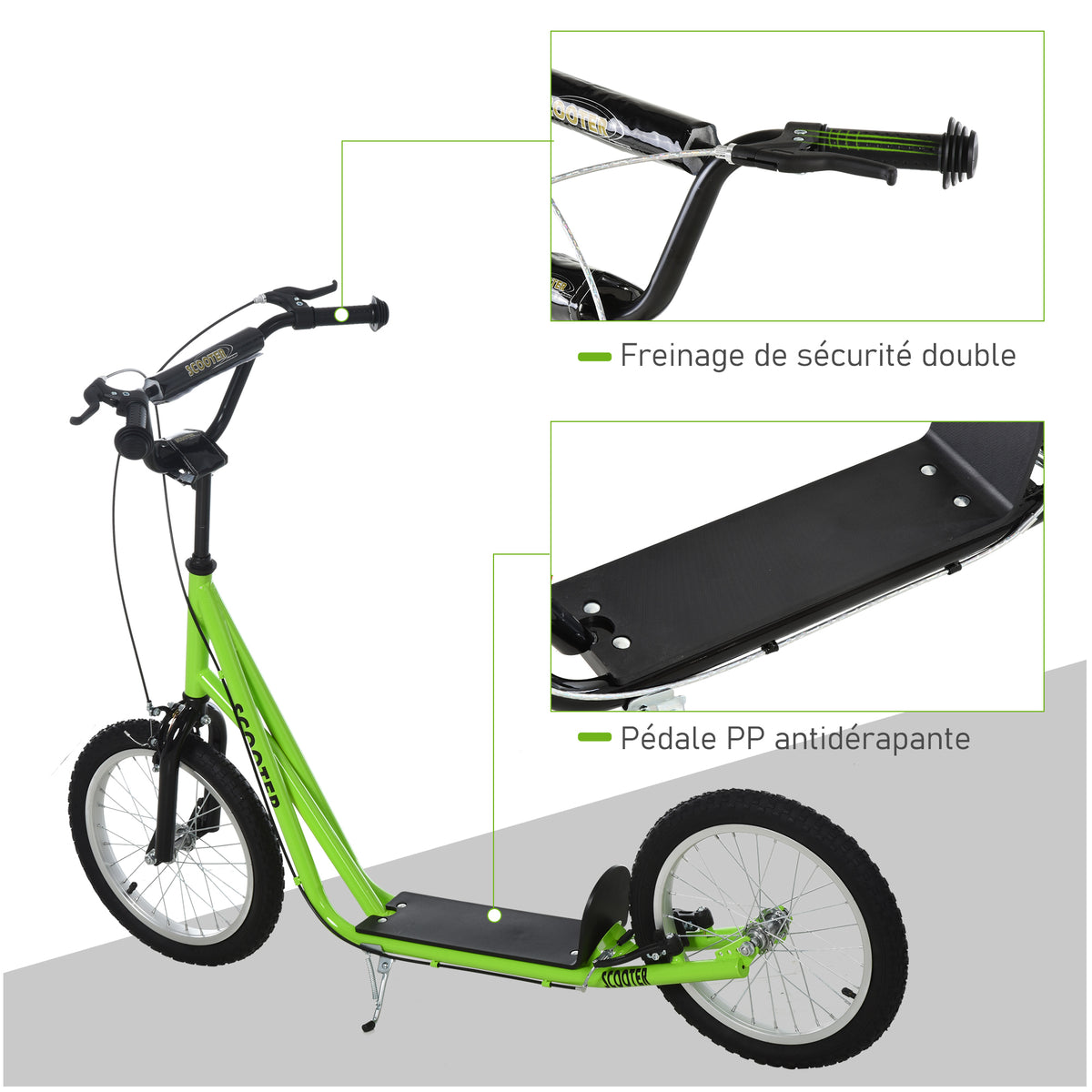 Trottinette patinette pour Enfants à partir de 5 Ans Grands pneus Guidon réglable poignée Frein et béquille Acier Vert