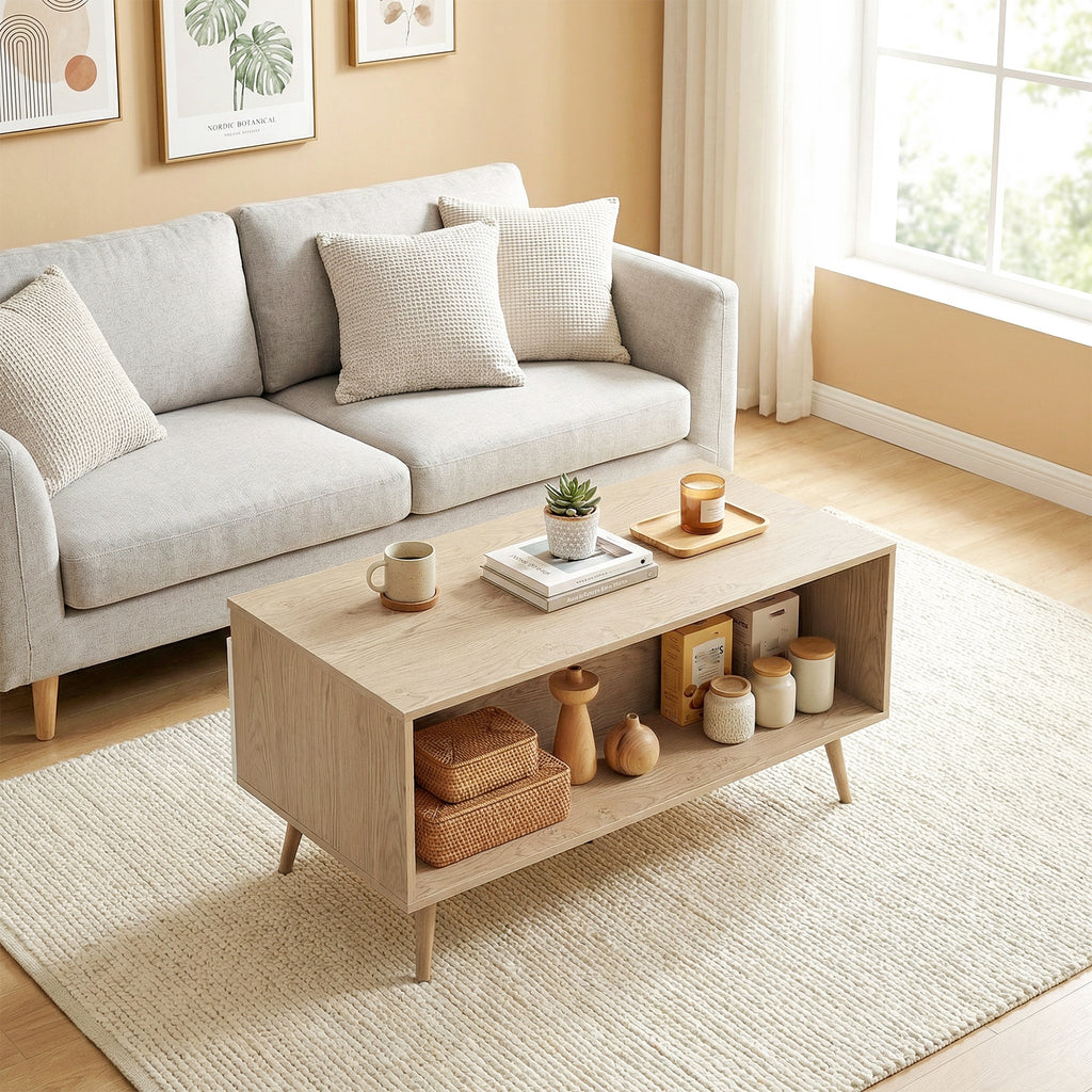 Table basse rectangulaire, table de salon moderne avec 2 tiroirs, 5 pieds en bois de pin, 100x50x46cm, chêne et blanc