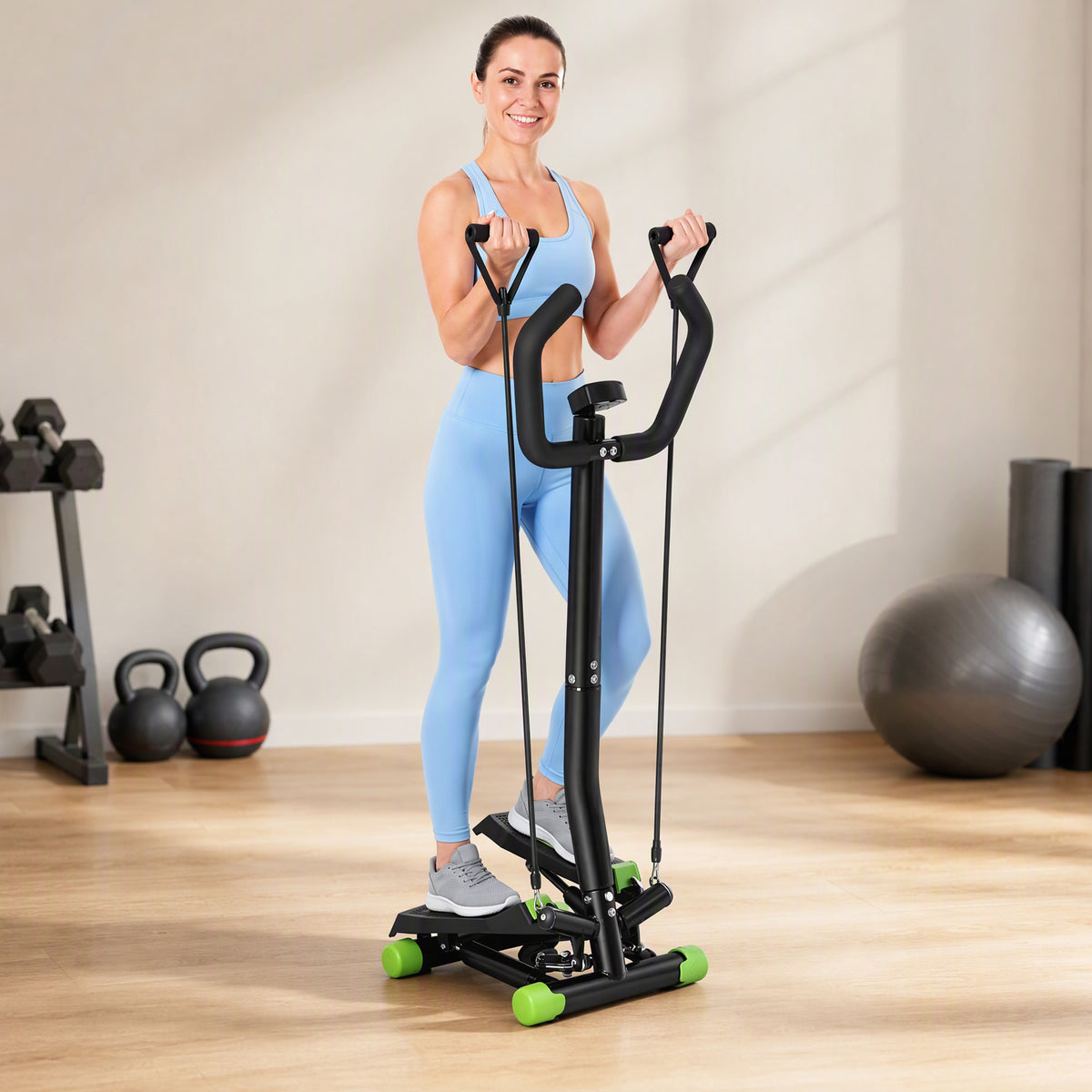 Stepper avec guidon, stepper de fitness avec écran LCD, pédales antidérapantes, marche d'escalier pour maison, bureau, salon, salle de sport, vert et noir