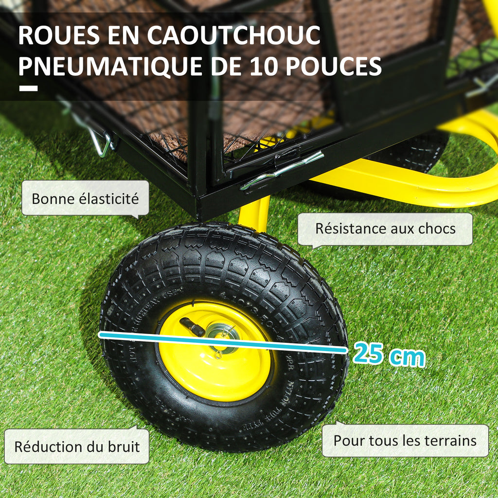 Chariot de jardin chariot de transport 4 roues côtés amovibles transformable en plateau 104 x 54 x 51 cm noir et jaune
