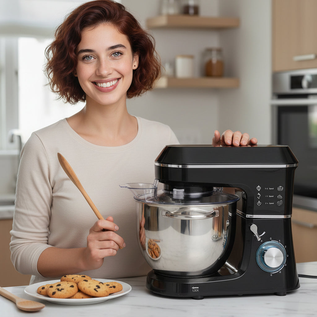 Robot Pâtissier 1400 W, Robot Pétrin Professionnel 7 L avec 6+P Vitesses, Crochet Pétrisseur, Noir