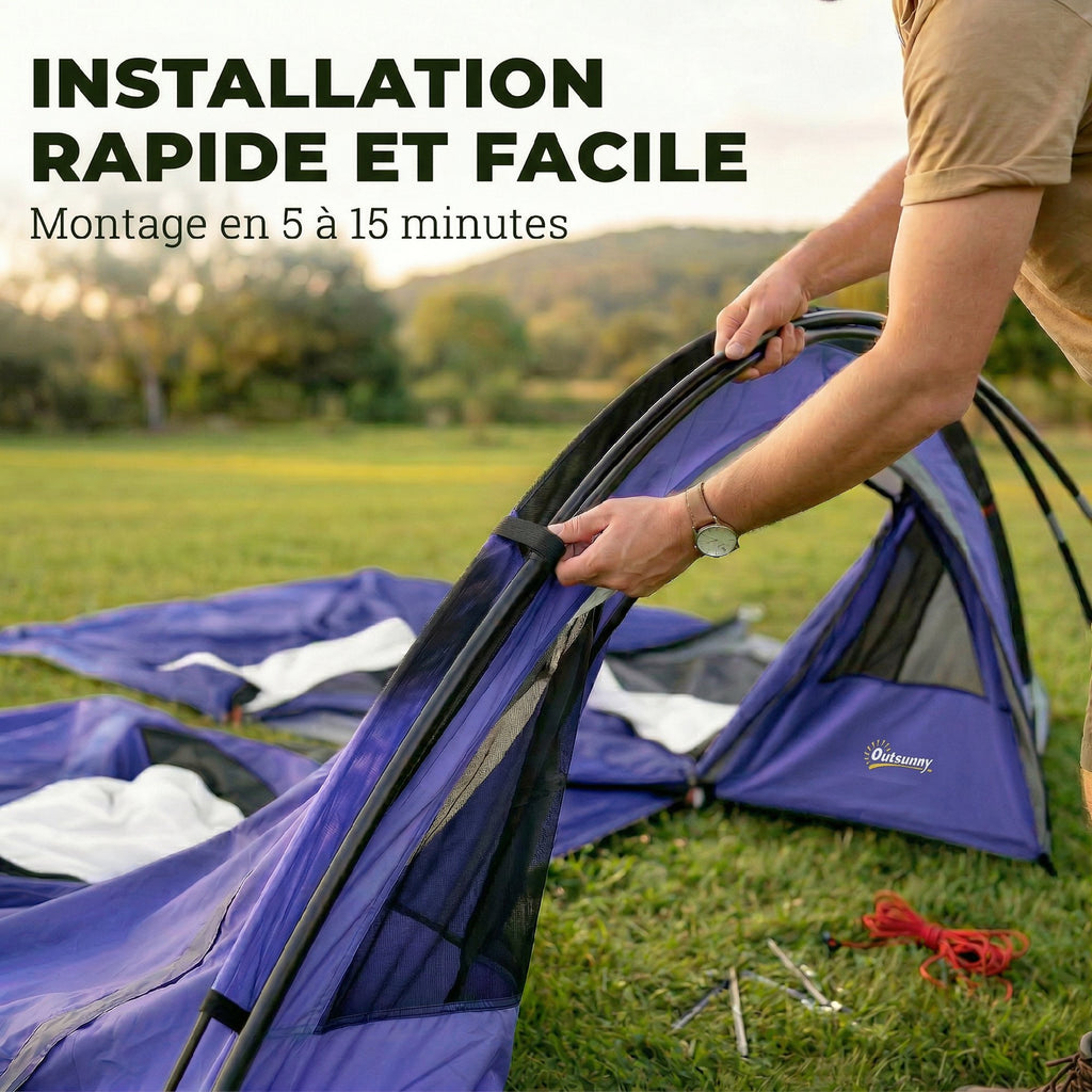 Tente de Camping pour 4 Personnes, 2 Chambres, Imperméable 3000mm, avec Tapis de Sol et Sac, 420x300x200cm, Bleu Foncé