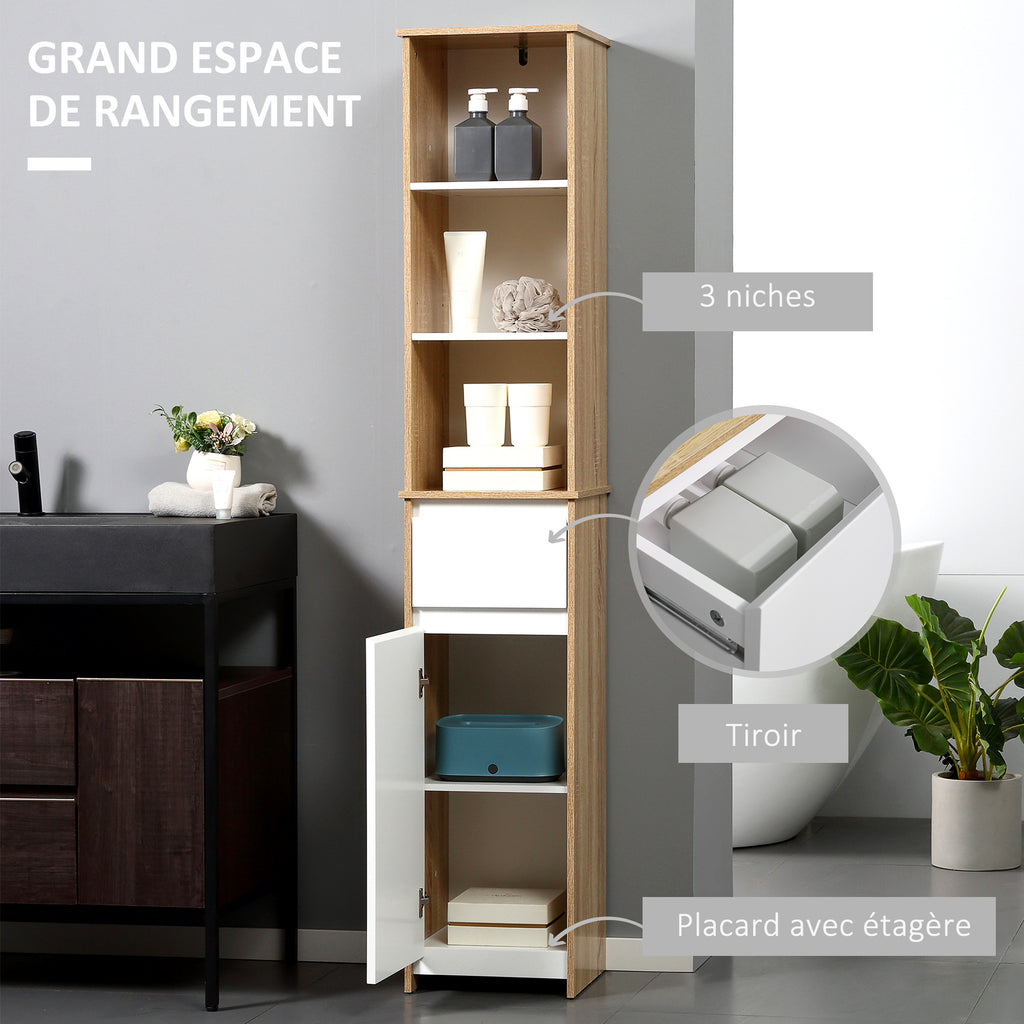 Meuble Colonne Rangement Salle de Bain Style Cosy 3 niches tiroir Placard avec étagère Blanc Aspect chêne Clair