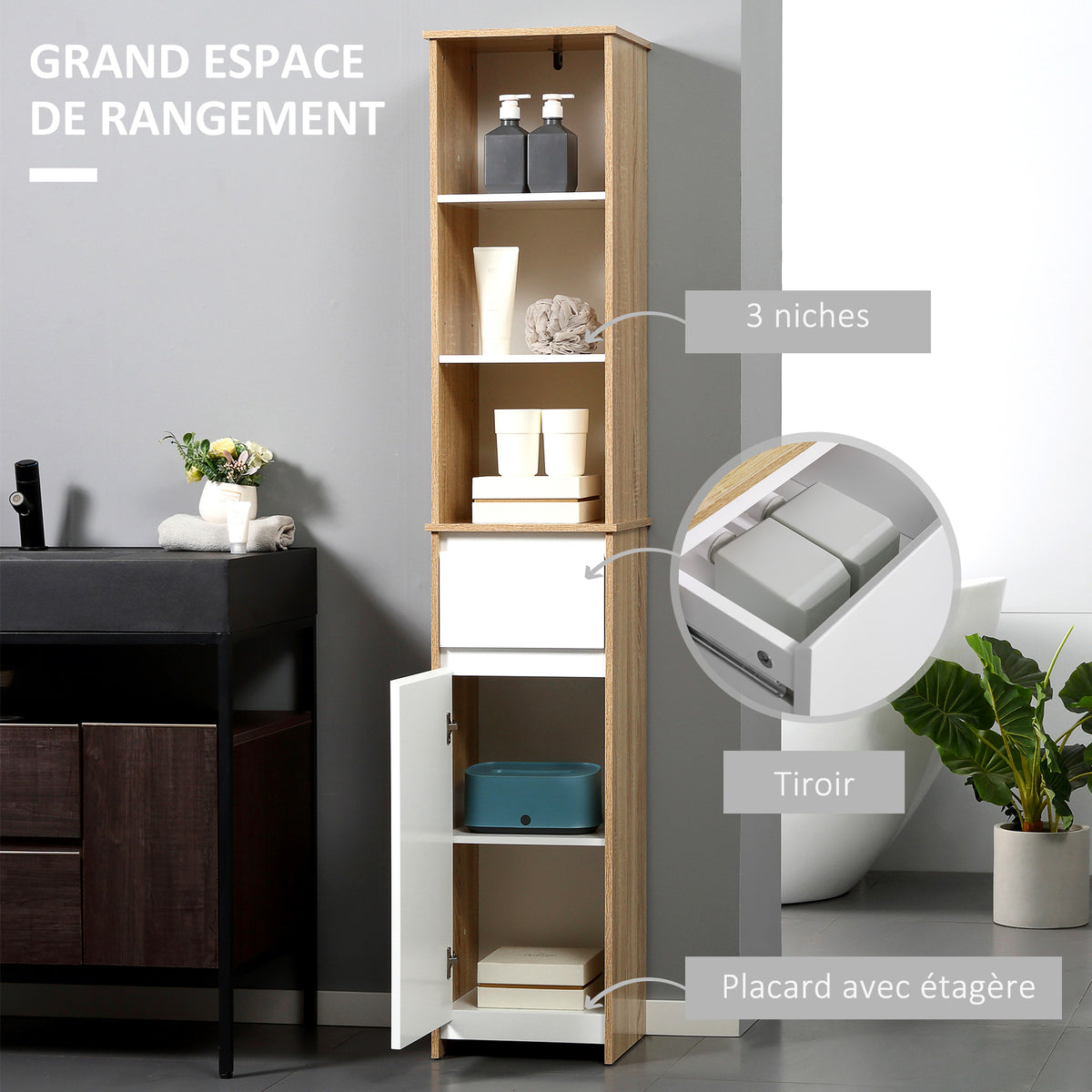 Meuble Colonne Rangement Salle de Bain Style Cosy 3 niches tiroir Placard avec étagère Blanc Aspect chêne Clair