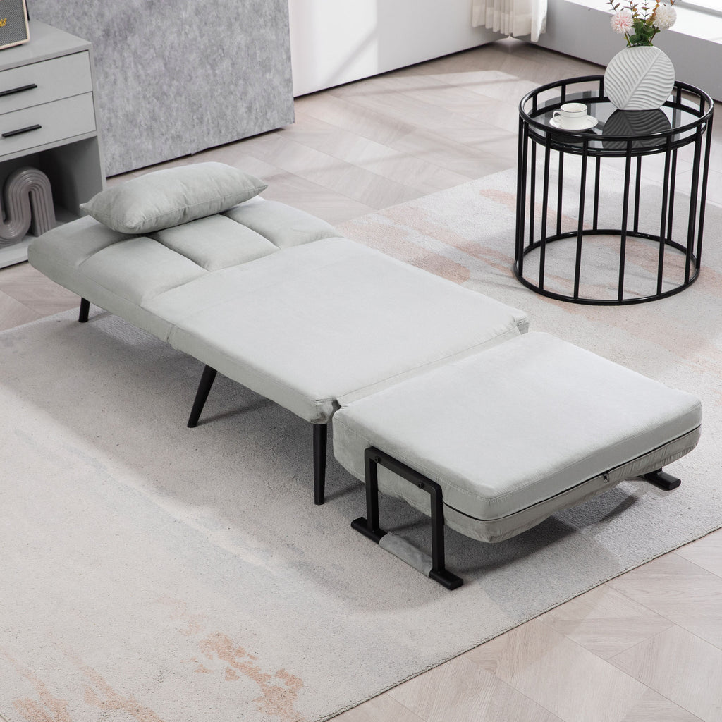 Fauteuil convertible 3 en 1 lit 1 place dossier inclinable 5 positions, accoudoirs et coussin, tissu effet velours, gris