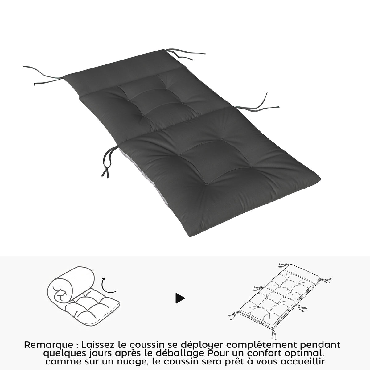Lot de 4 coussins pour chaises de terrasse, résistants à l'eau, antidérapants, avec liens, 112x53cm, Gris Foncé
