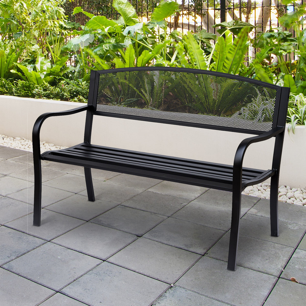 Banc 3 Places de Jardin terrasse Style Contemporain 127L x 60l x 87H cm métal époxy anticorrosion Noir