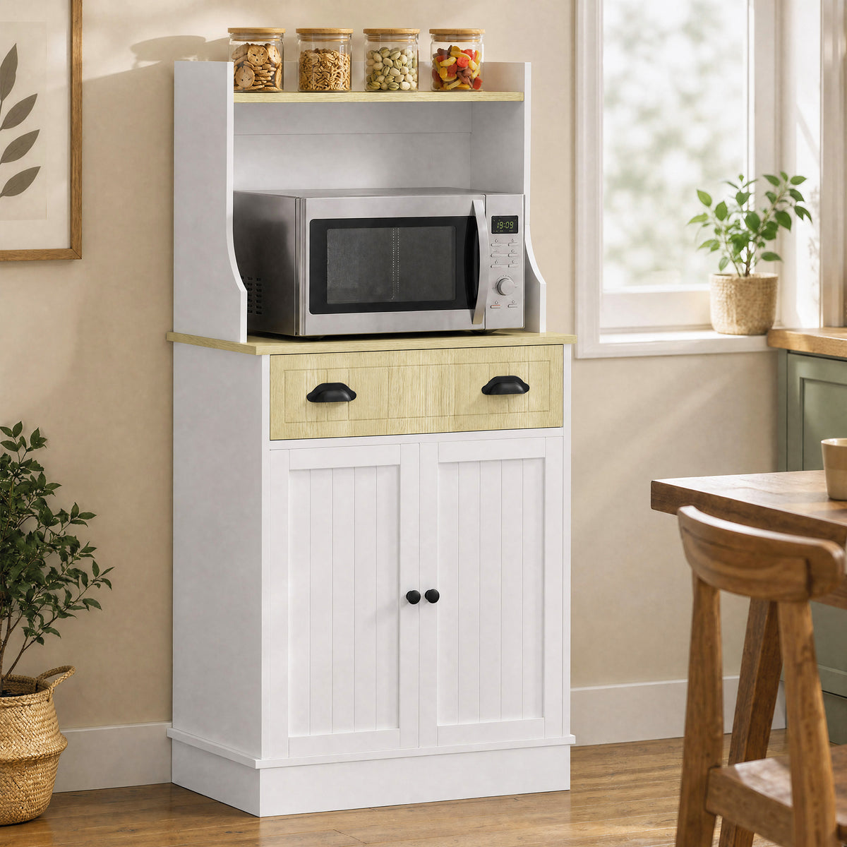 Meuble armoire micro-ondes pour cuisine avec espace ouvert 1 tiroir et placard 2 portes 61 x 35 x 125,4 cm chêne