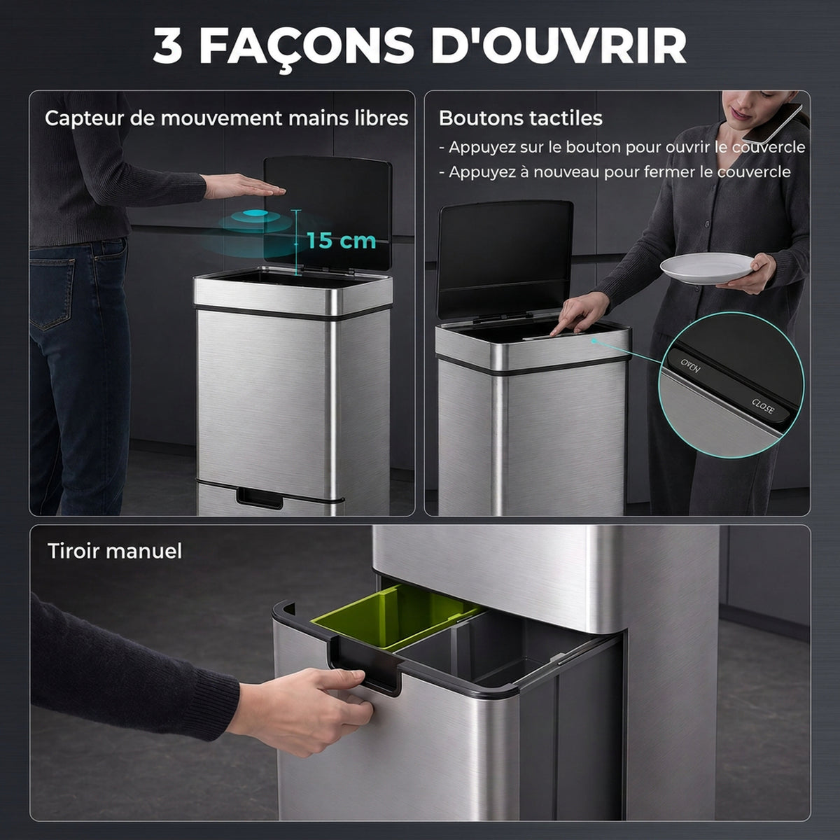 Poubelle à capteur de mouvement ouverture automatique 3 compartiments capacité 72L design 42 x 30 x 81 cm