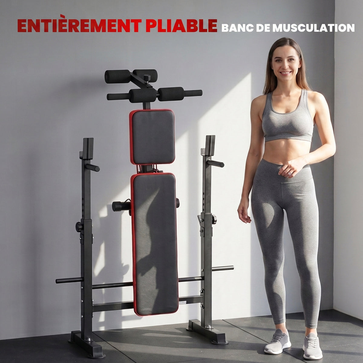 Banc de musculation complet multifonction avec dossier réglable, repose-jambes et support de poids 147x109x122cm noir