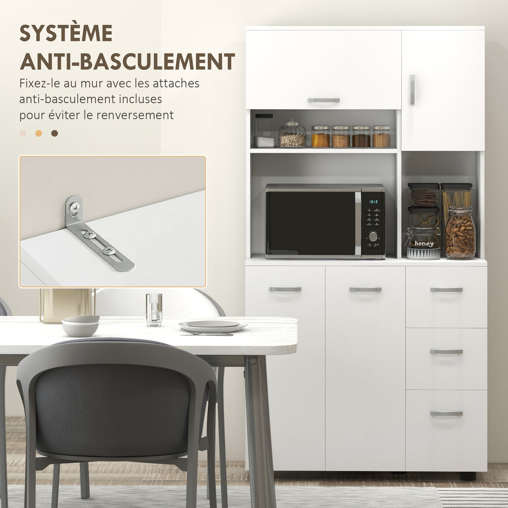 Armoire de cuisine multi-rangements 4 portes 3 tiroirs étagère + grand plateau 89L x 39,5l x 168H cm blanc
