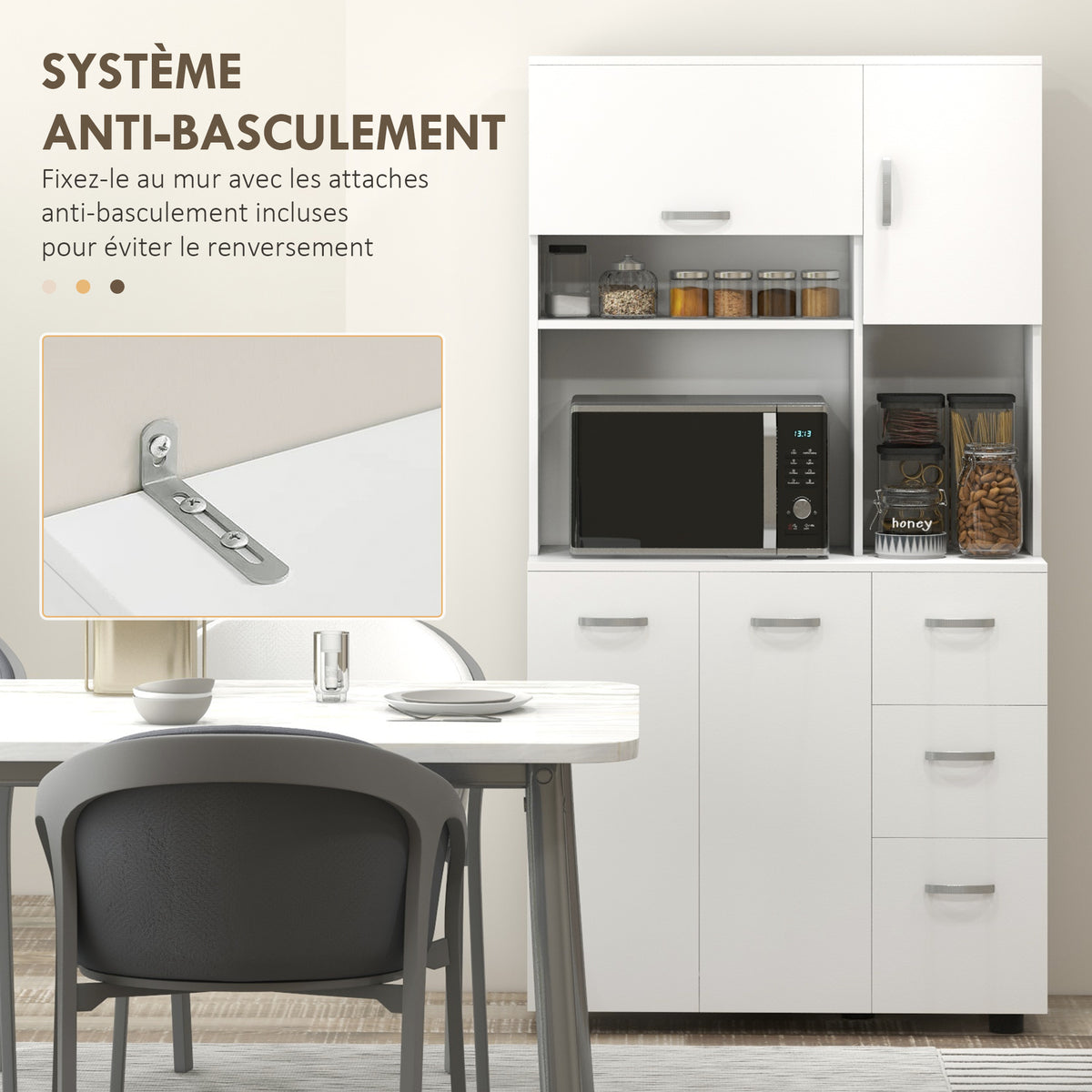 Armoire de cuisine multi-rangements 4 portes 3 tiroirs étagère + grand plateau 89L x 39,5l x 168H cm blanc