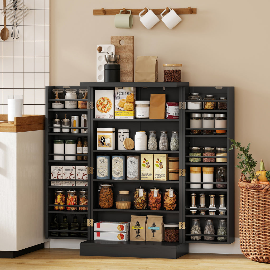 Armoire de Cuisine, Buffet Cuisine, avec 2 Portes, 12 Porte-Racks, 5 Compartiments et Étagères Réglables, Noir