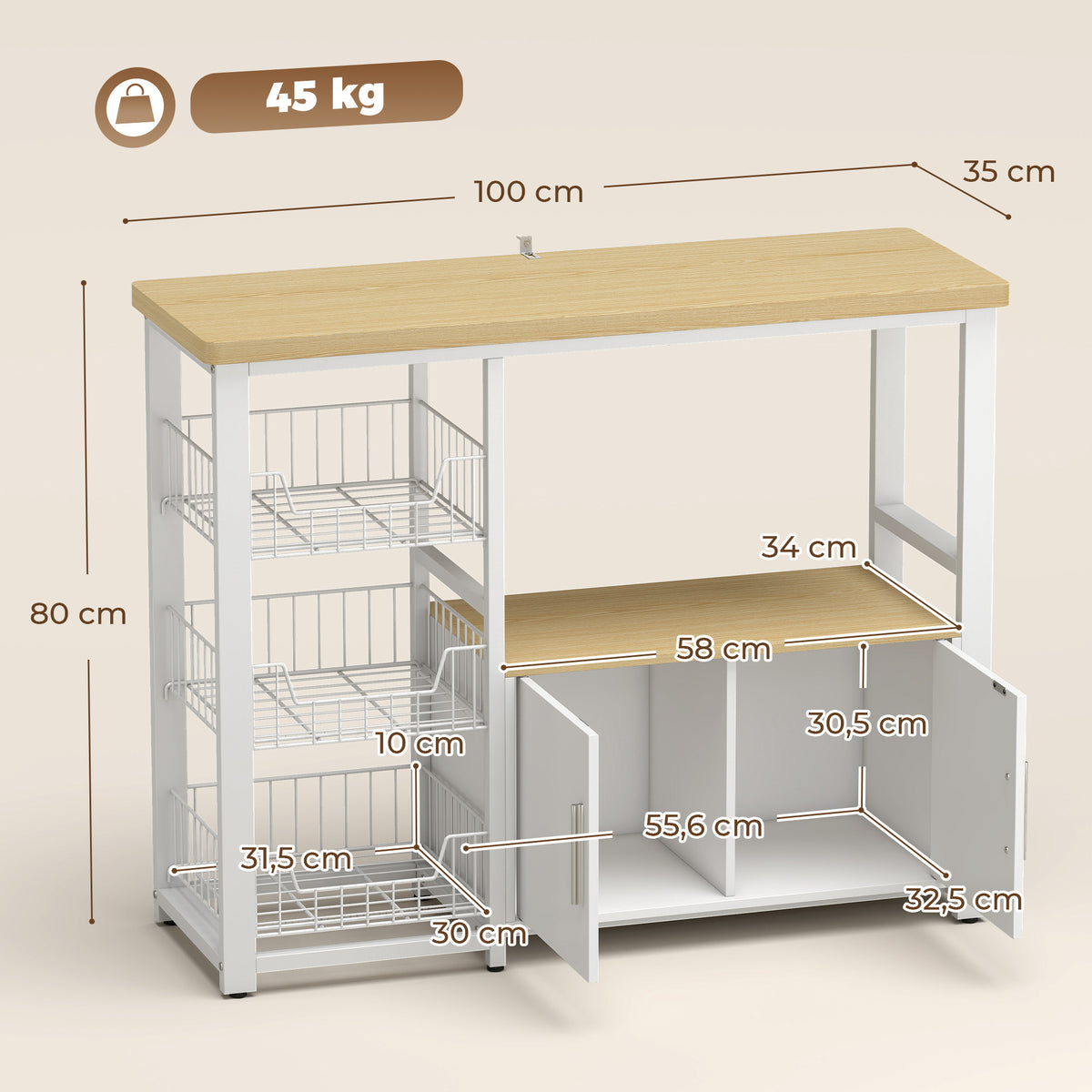 Étagère de rangement de cuisine avec paniers coulissants et placard, support micro-ondes, 100 x 35 x 80 cm, blanc