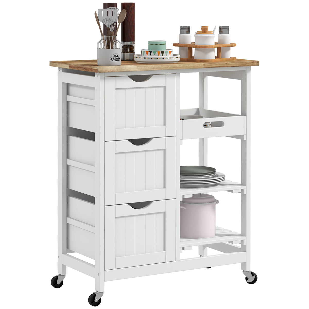 Chariot desserte de cuisine à roulettes plan de travail en bois 3 tiroirs + 1 plateau amovible 67 x 37 x 85,5 cm blanc