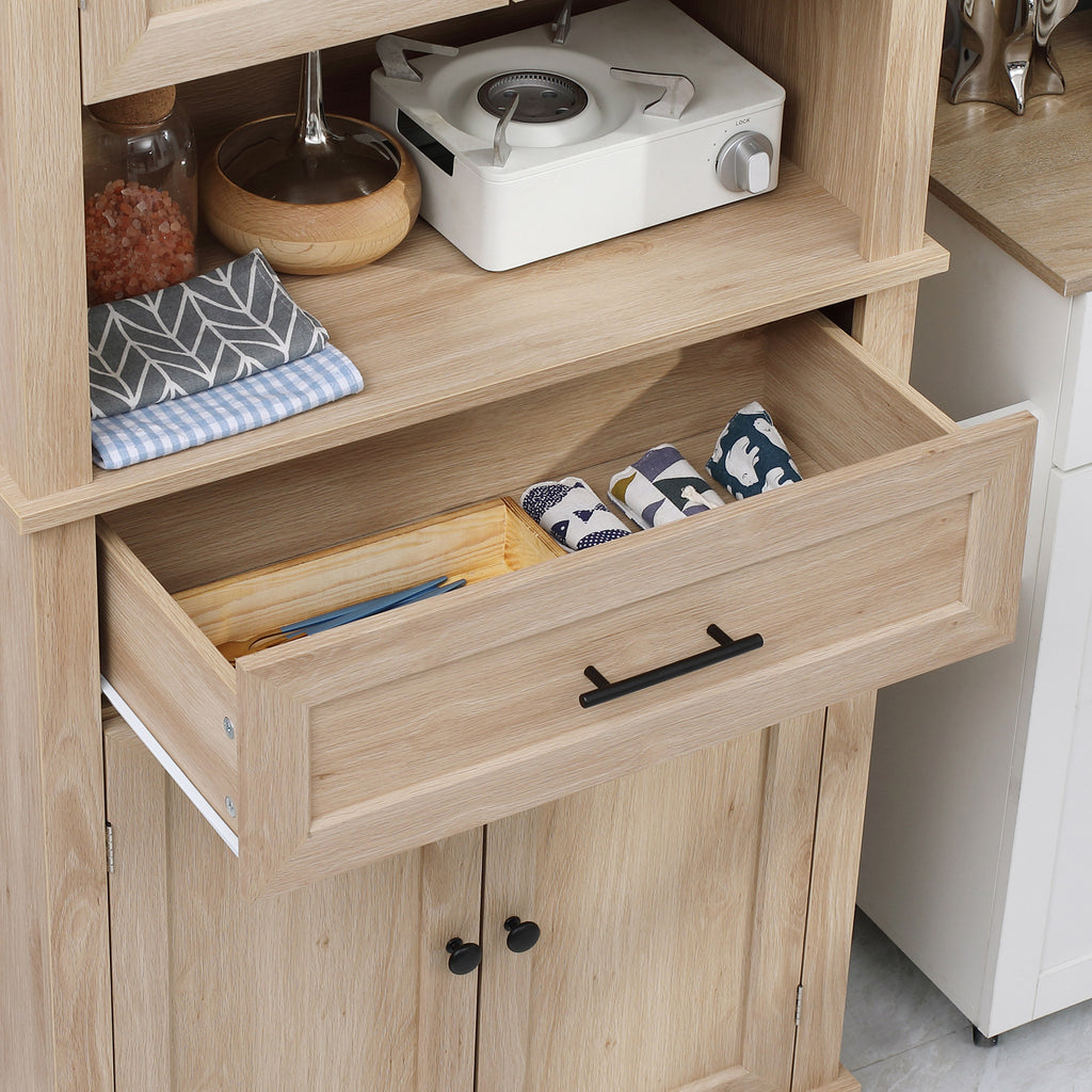 Armoire de cuisine buffet cuisine vaisselier meuble de rangement style moderne avec placards, étagères réglables, tiroir, et niche, pour salle à manger, salon, 74 x 39,5 x 183 cm, chêne clair