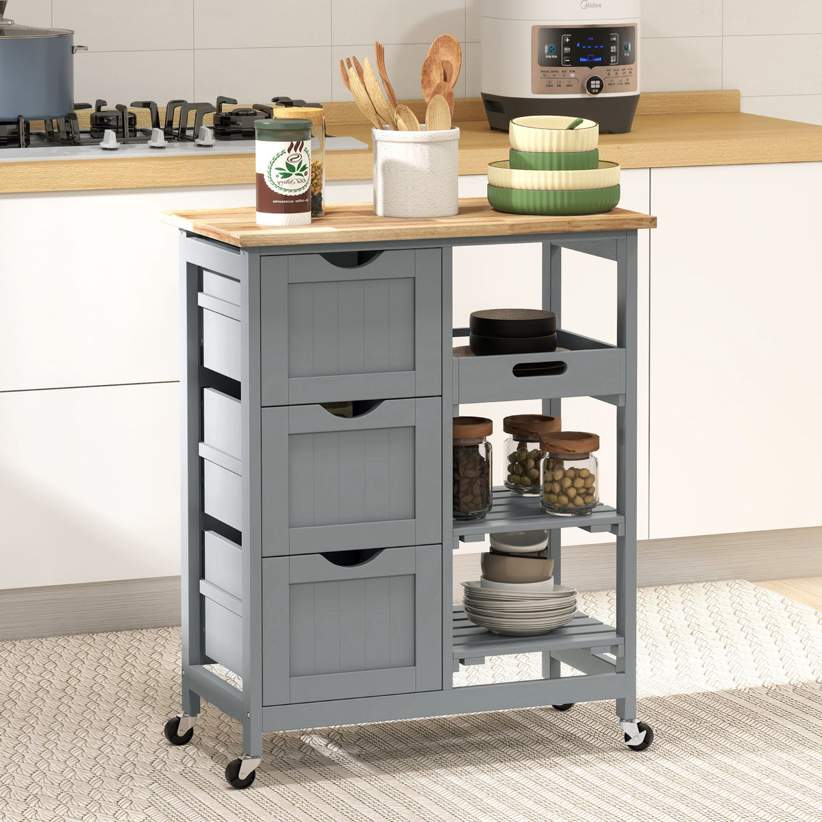 Chariot desserte de cuisine à roulettes plan de travail en bois 3 tiroirs et 1 plateau amovible 67 x 37 x 85,5 cm gris