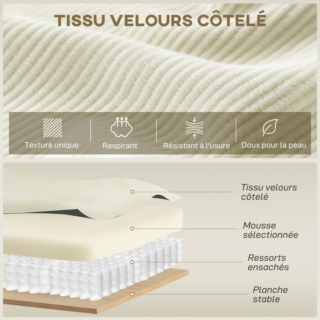 Canapé d'angle réversible 3 places moderne avec coussins inclus, tissu velours côtelé, crème