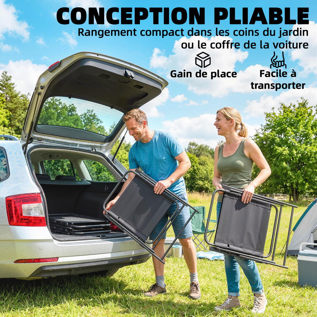 Lot de 4 chaises de jardin pliantes avec accoudoirs, chaises d'extérieur avec assise large en textilène, noir
