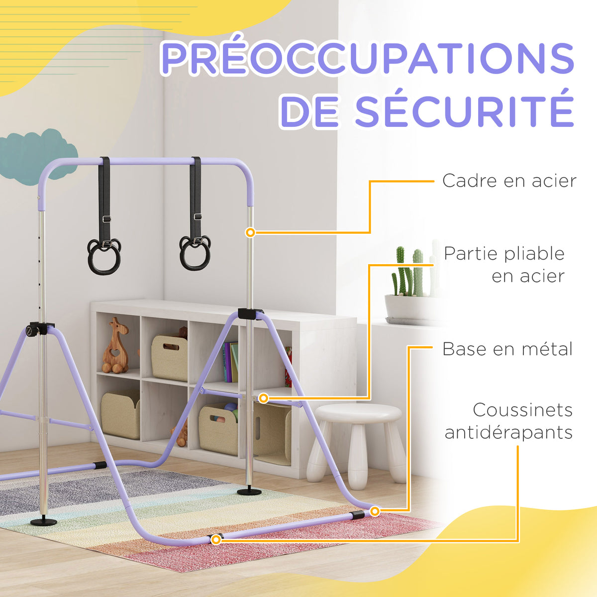 Barre de gymnastique pour enfants, barre horizontale pliable à hauteur réglable avec anneaux de gymnastique, violet