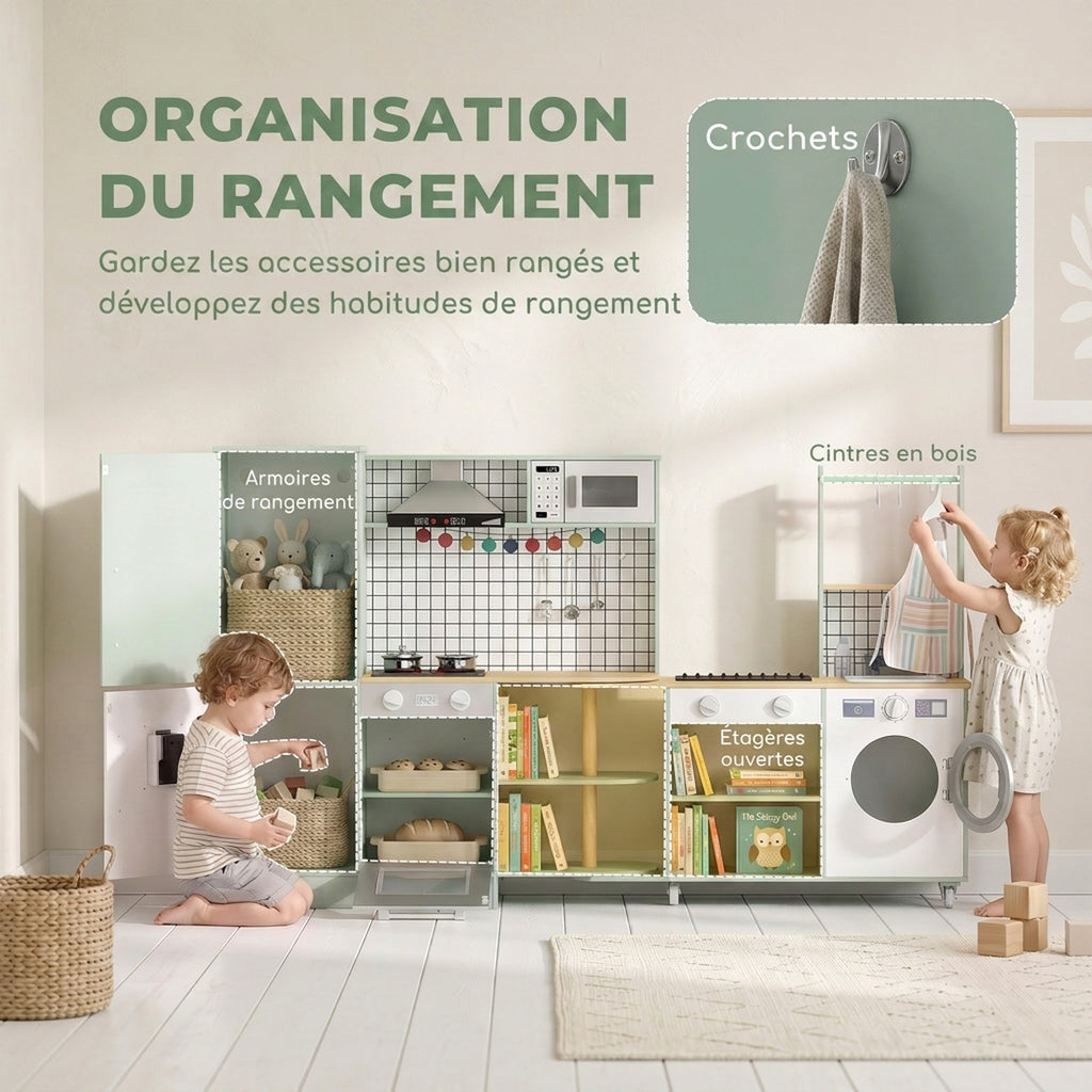 Cuisine Enfant Jouet d'Imitation, Micro-Ondes, Four, Plateau Rotatif sur Roulettes, 160x32x97,5cm, Vert Clair