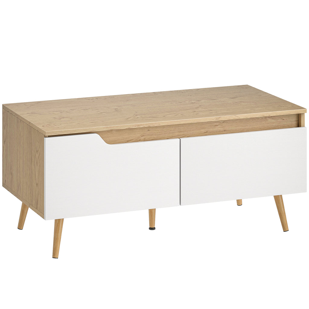 Table basse rectangulaire, table de salon moderne avec 2 tiroirs, 5 pieds en bois de pin, 100x50x46cm, chêne et blanc