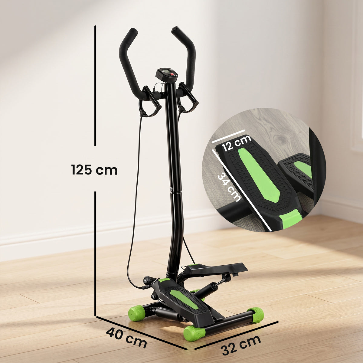 Stepper avec guidon, stepper de fitness avec écran LCD, pédales antidérapantes, marche d'escalier pour maison, bureau, salon, salle de sport, vert et noir