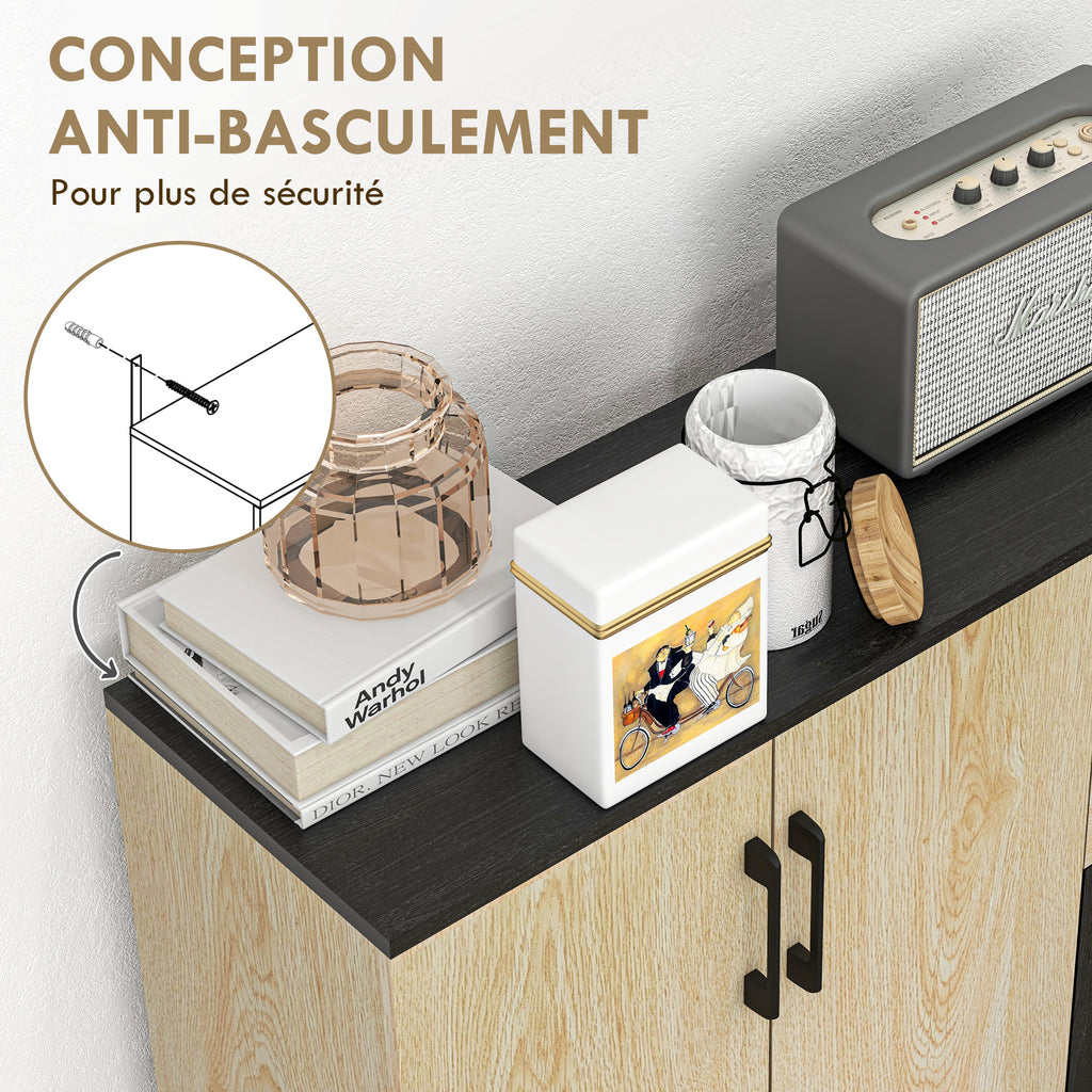 Meuble buffet de rangement cuisine 2 placards étagère réglable 2 tiroirs 90 x 30 x 75,5 cm naturel noir