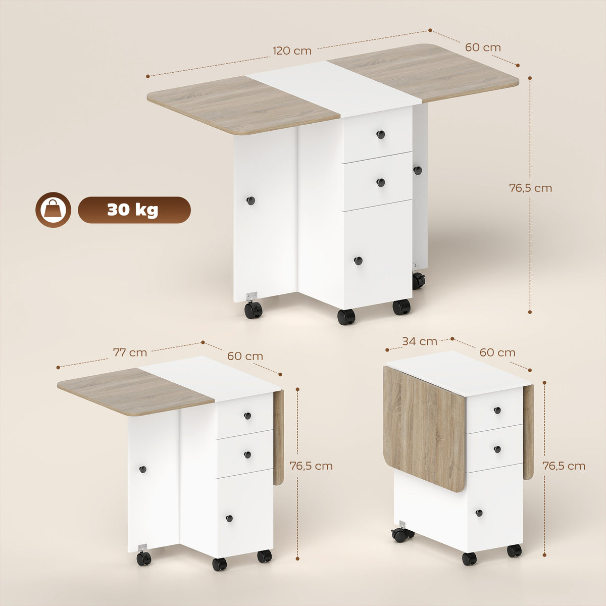Table de cuisine pliable table à manger pliante 2 plateaux rabattables avec 2 tiroirs 1 placard blanc et chêne