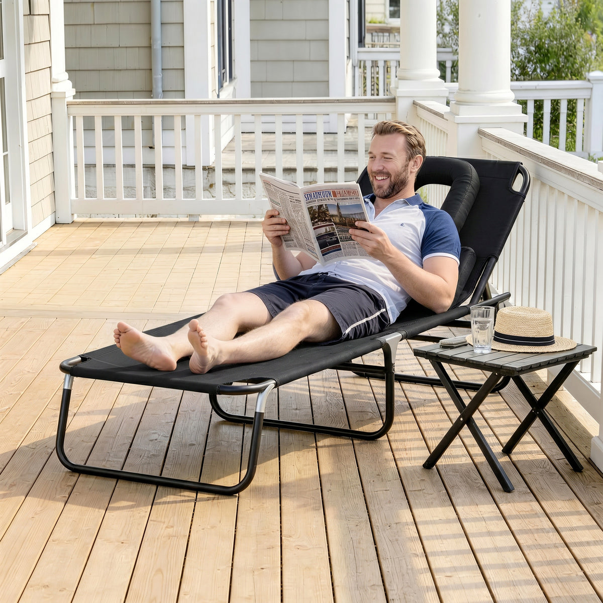 Transat de Jardin Chaise Longue Pliante Bain de Soleil pour Lecture Noir
