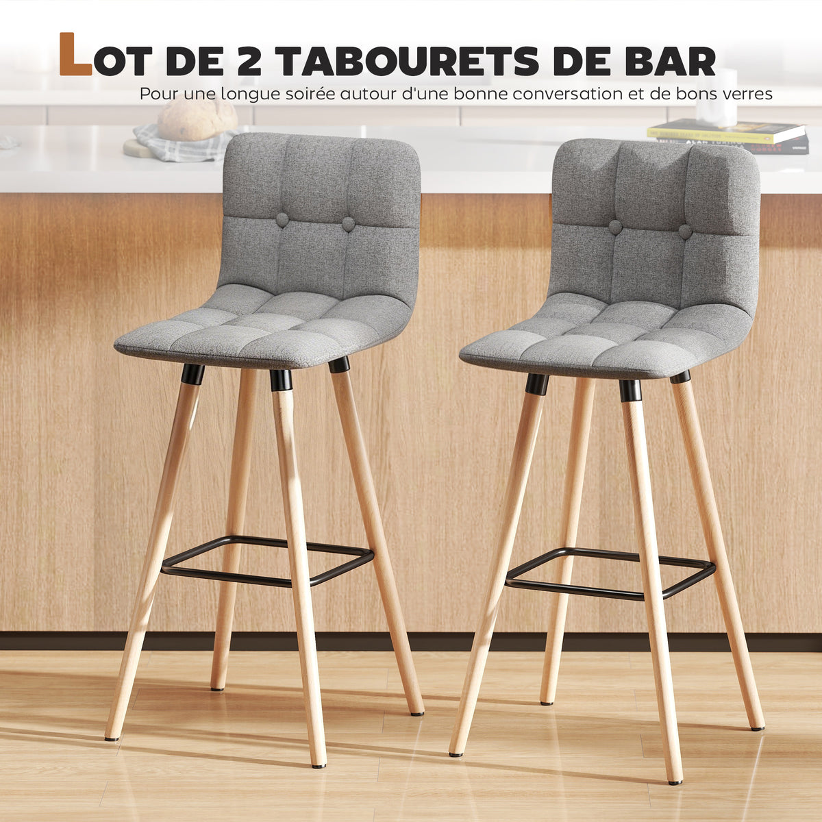 Lot de 2 tabourets de bar, chaises de bar capitonnées avec dossier et repose-pieds, pieds en bois, 41,5x47x97,5cm, gris
