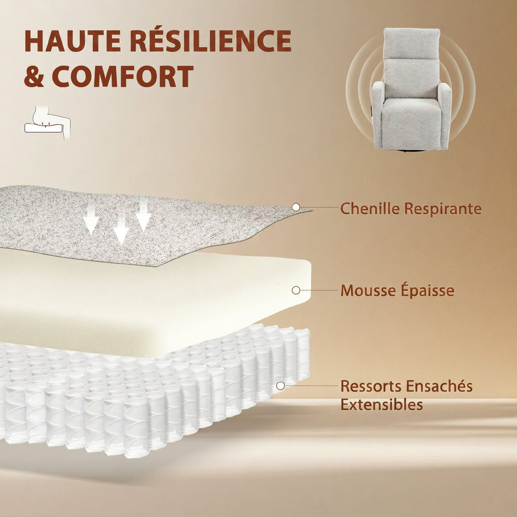 Fauteuil inclinable de massage et chauffage, fauteuil de relaxation en chenille, dossier réglable, pivotant 360°, crème