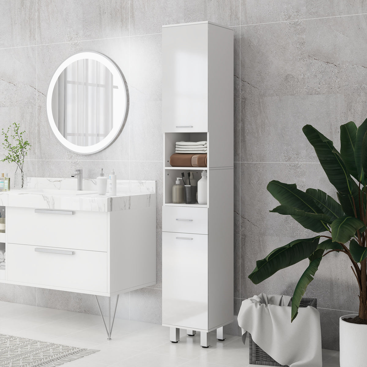 Meuble colonne salle de bain avec étagères réglables et compartiments ouverts, 30x30x180cm, blanc brillant