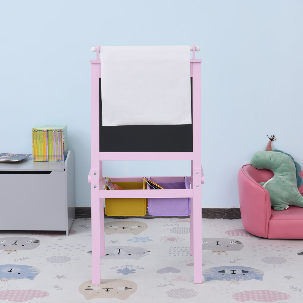 3 en 1 Tableau Enfant - chevalet Enfant - Ardoise Double Face - Tableau Blanc Tableau à Craie - Rouleau Papier avec accessoires + paniers Rangement intégrés - MDF Rose