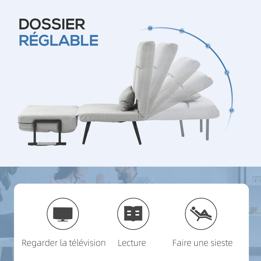 Fauteuil convertible 3 en 1 lit 1 place dossier inclinable 5 positions, accoudoirs et coussin, tissu effet velours, gris