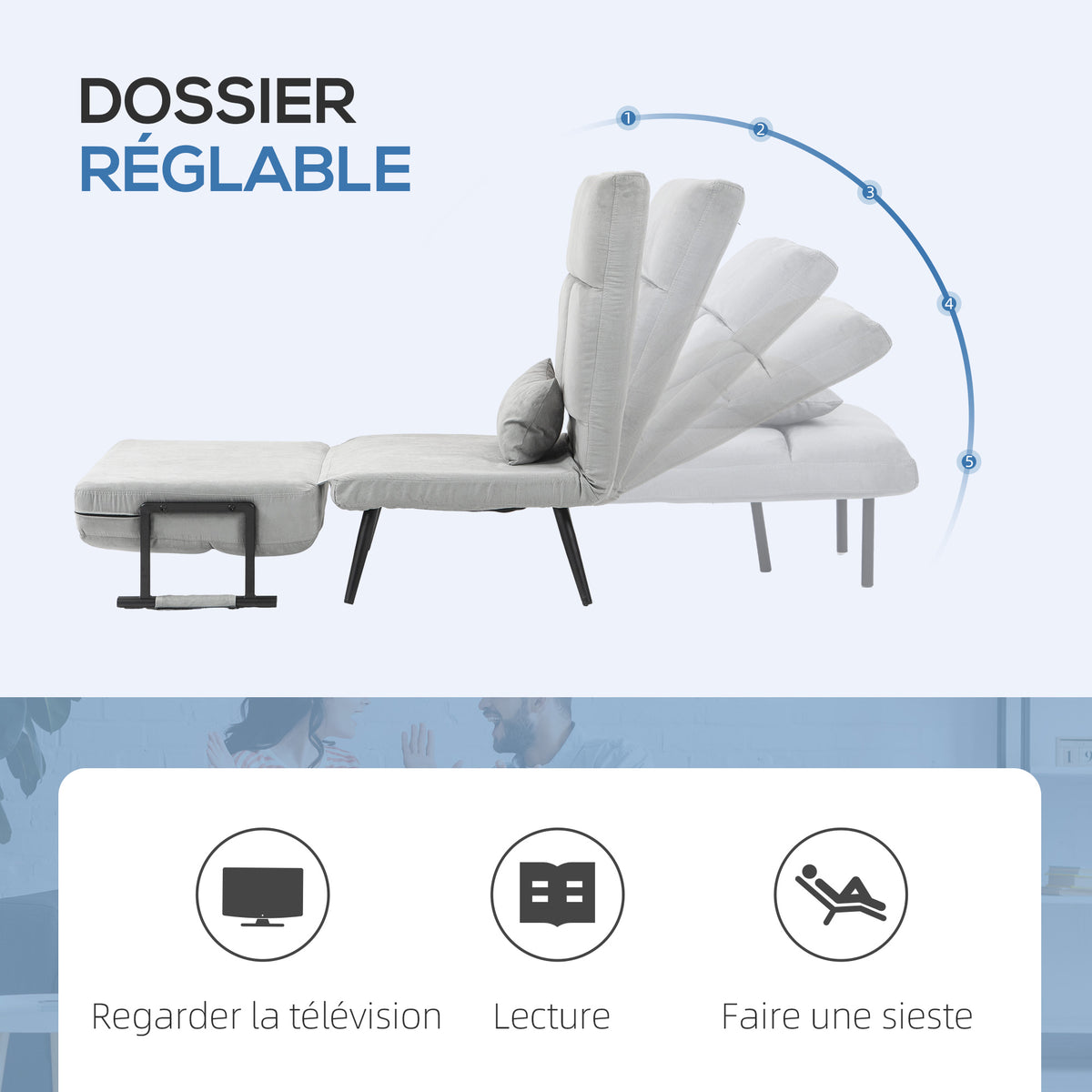 Fauteuil convertible 3 en 1 lit 1 place dossier inclinable 5 positions, accoudoirs et coussin, tissu effet velours, gris