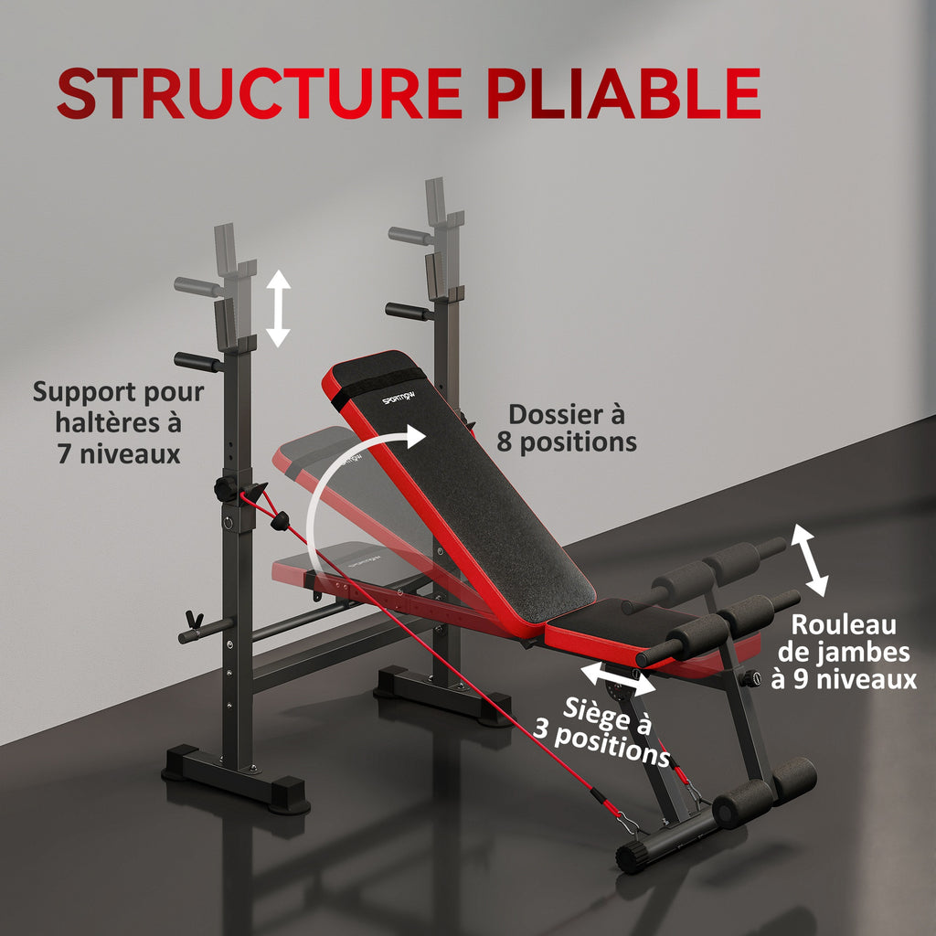 Banc de musculation complet multifonction avec dossier réglable, repose-jambes et support de poids 147x109x122cm noir
