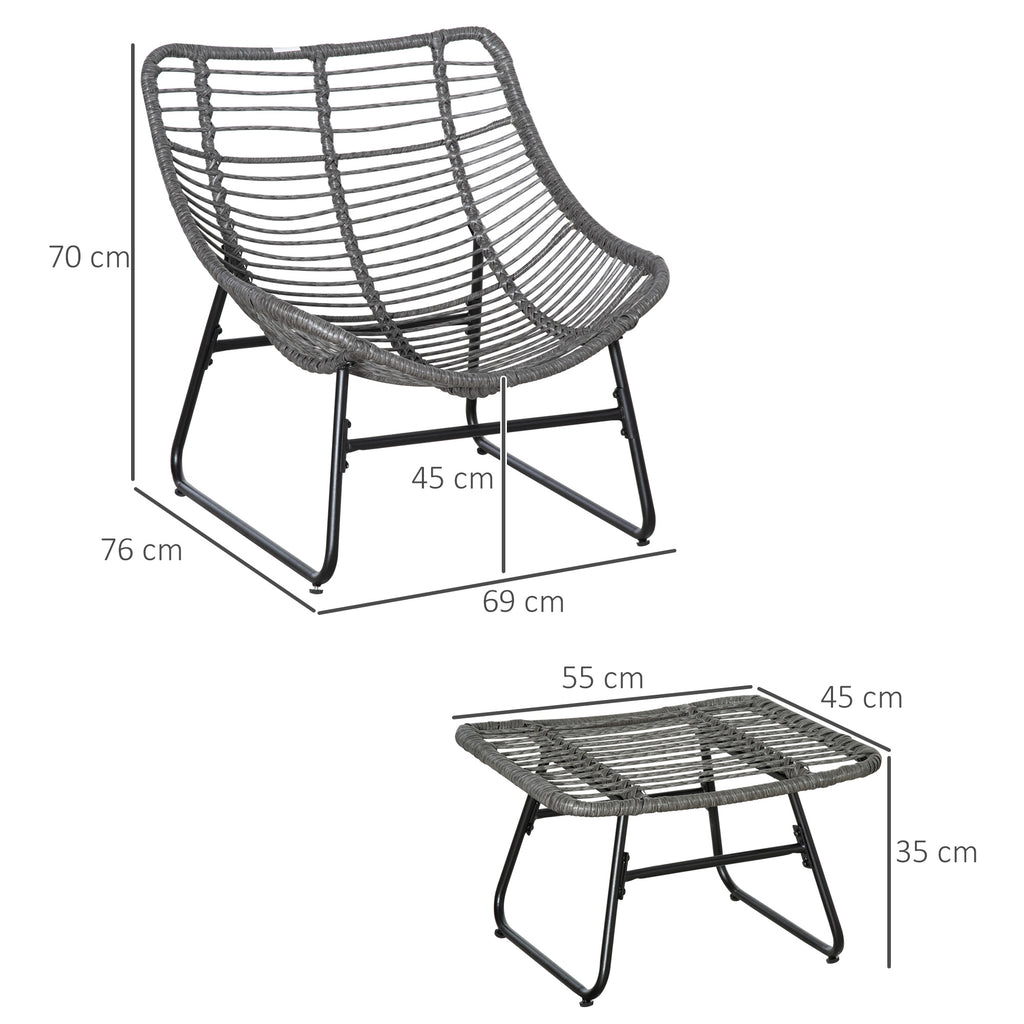 Fauteuil chaise de jardin avec repose-pieds en métal époxy et résine tressée aspect rotin avec coussins