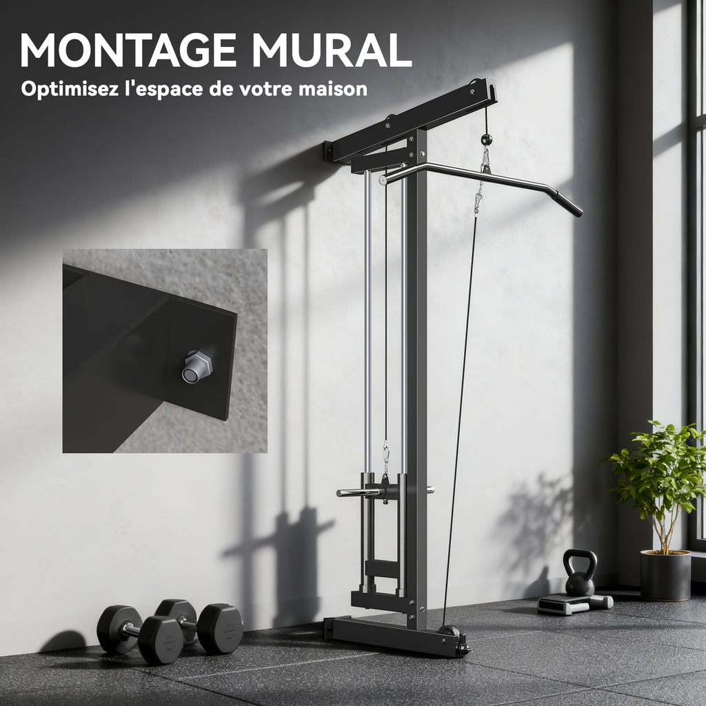 Appareil de musculation mural, station de traction, poulie haute et basse, 2 poulies, en acier, 75 x 16 x 192 cm, noir