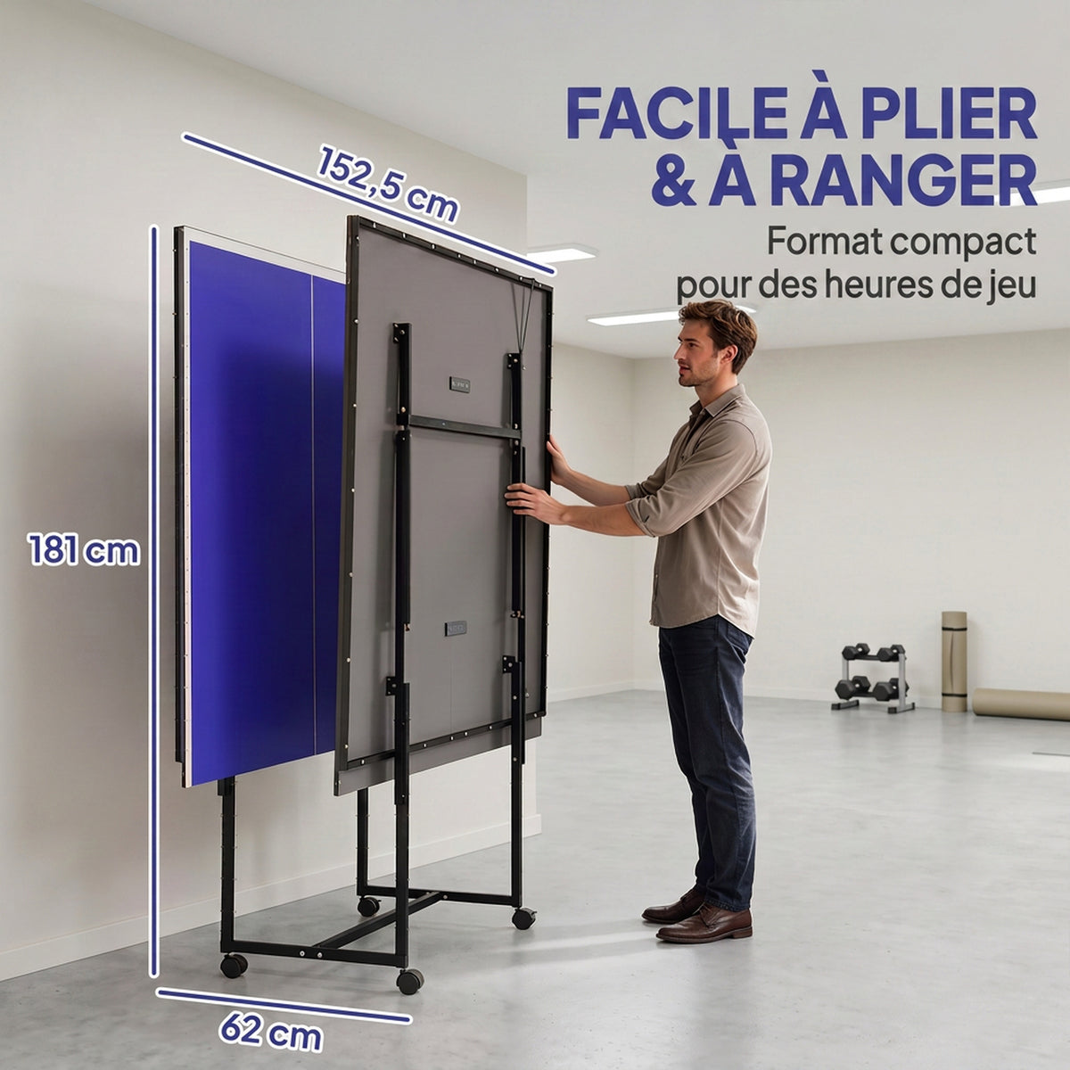Table de tennis de table ping-pong pliable compacte 4 roulettes pour intérieur 274L x 152,5l x 75,5H cm