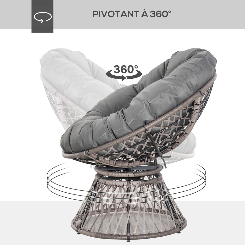 Fauteuil rond de jardin fauteuil papasan pivotant Ø 97 x 86H cm grand coussin fourni polyester résine tressée