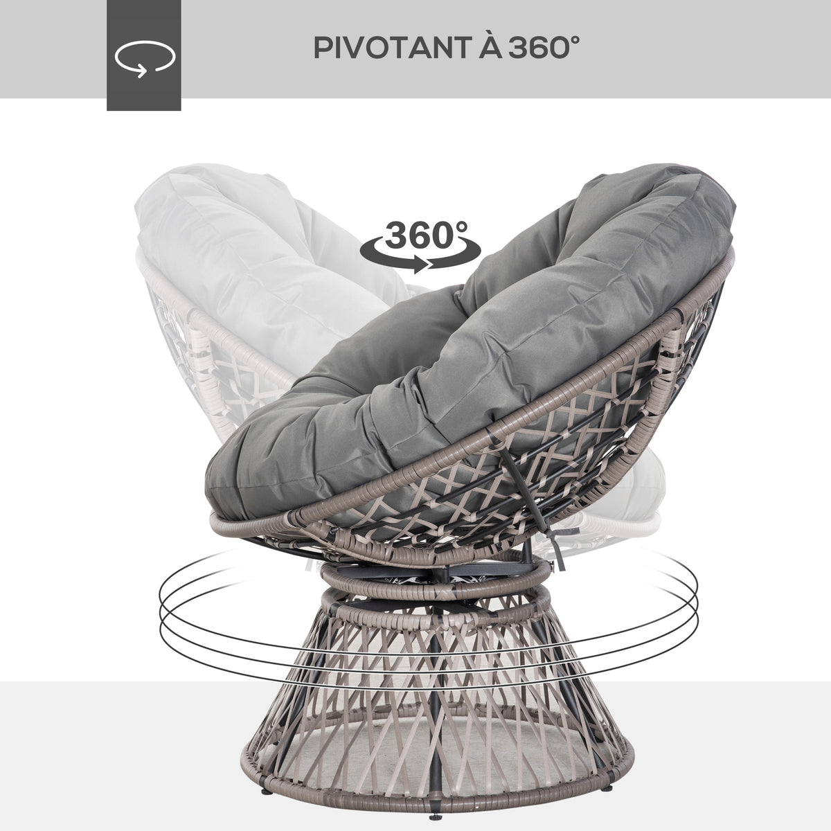 Fauteuil rond de jardin fauteuil papasan pivotant Ø 97 x 86H cm grand coussin fourni polyester résine tressée