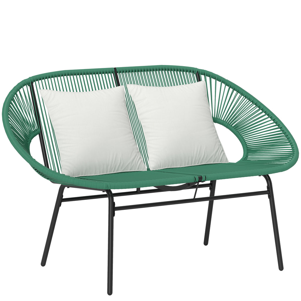 Banquette banc de jardin 2 places en acier et cordage en résine avec 2 coussins - dim. 132L x 72l x 83H cm - vert foncé
