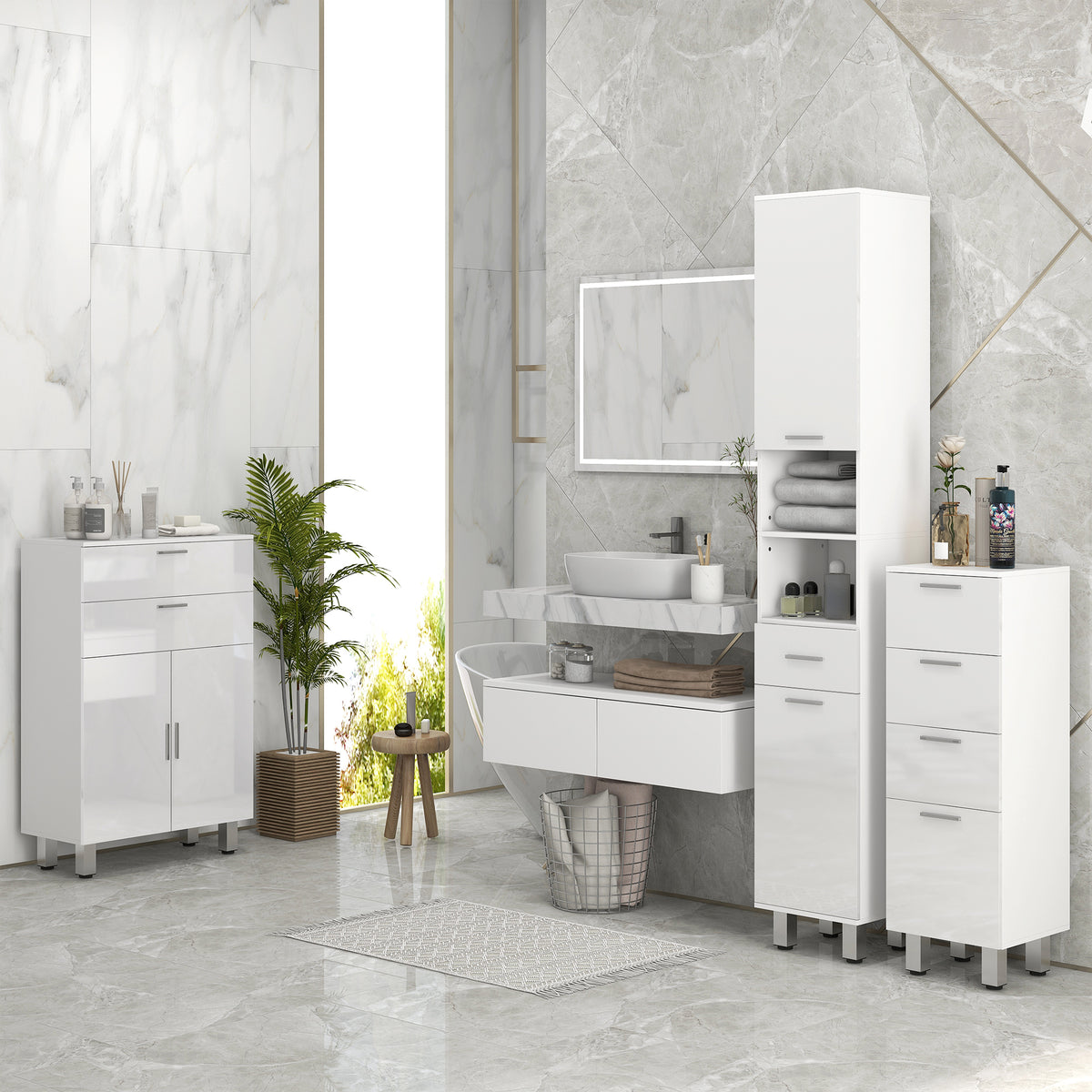 Meuble colonne salle de bain avec étagères réglables et compartiments ouverts, 30x30x180cm, blanc brillant