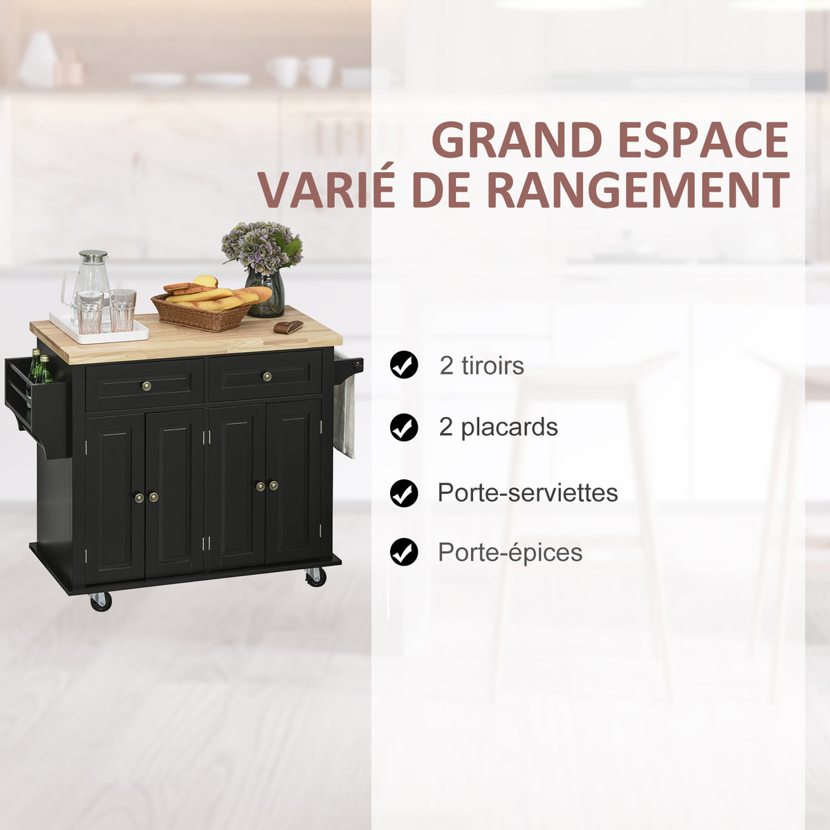 Desserte ilôt de cuisine multi rangements 2 tiroirs 2 placard 2 portes avec étagère range-bouteille