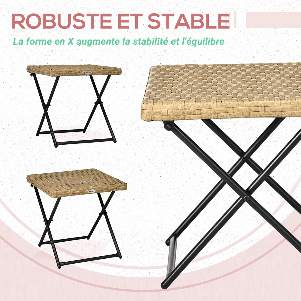 Table basse pliable de jardin style cosy chic dim. 40L x 40l x 40H cm métal époxy résine tressée bois naturel
