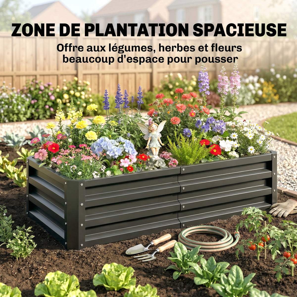 Carré potager de jardin rectangulaire tôle d'acier ondulée 120 x 60 x 30,5 cm gris