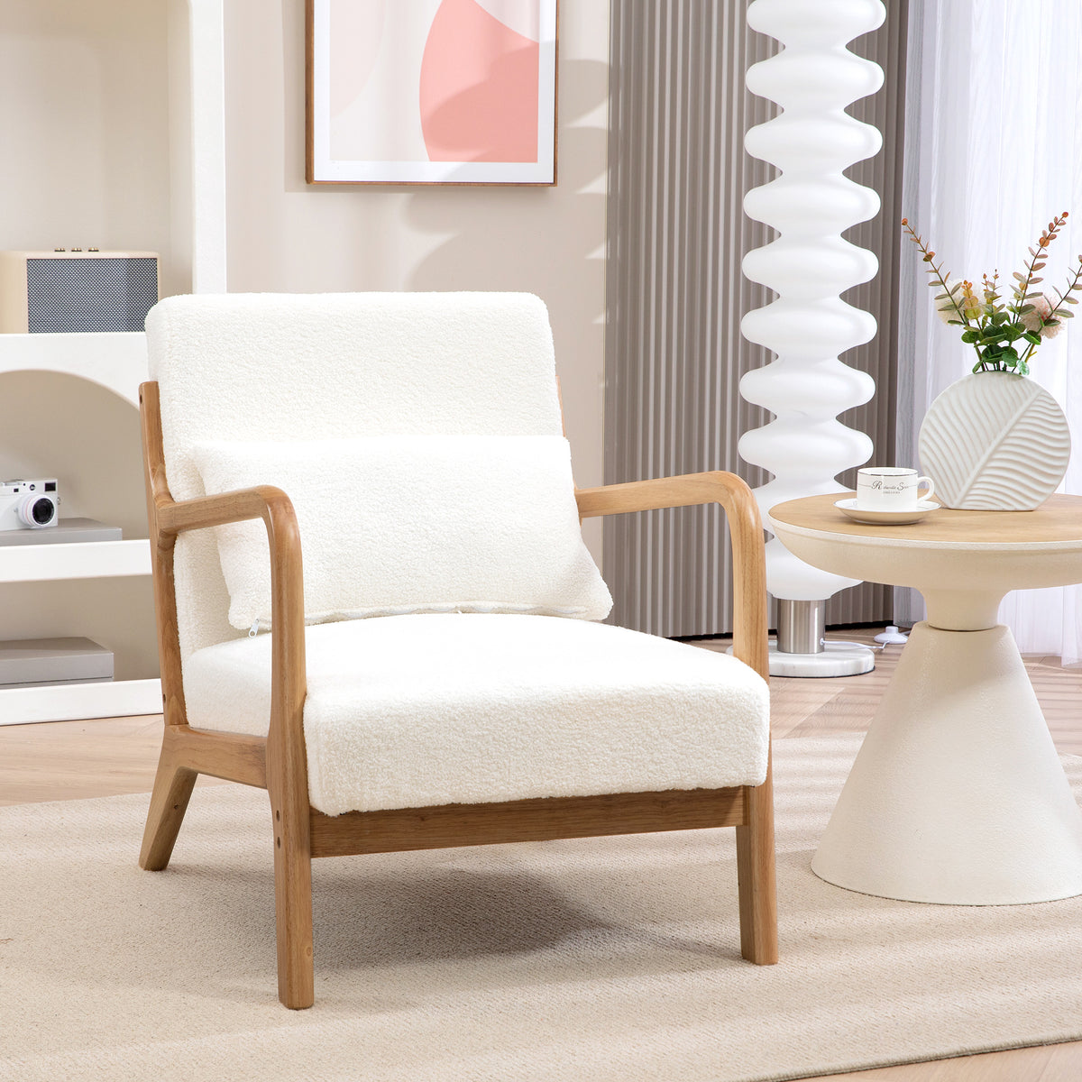 Fauteuil lounge - 3 coussins inclus - assise profonde - accoudoirs - structure bois hévéa - aspect velours crème