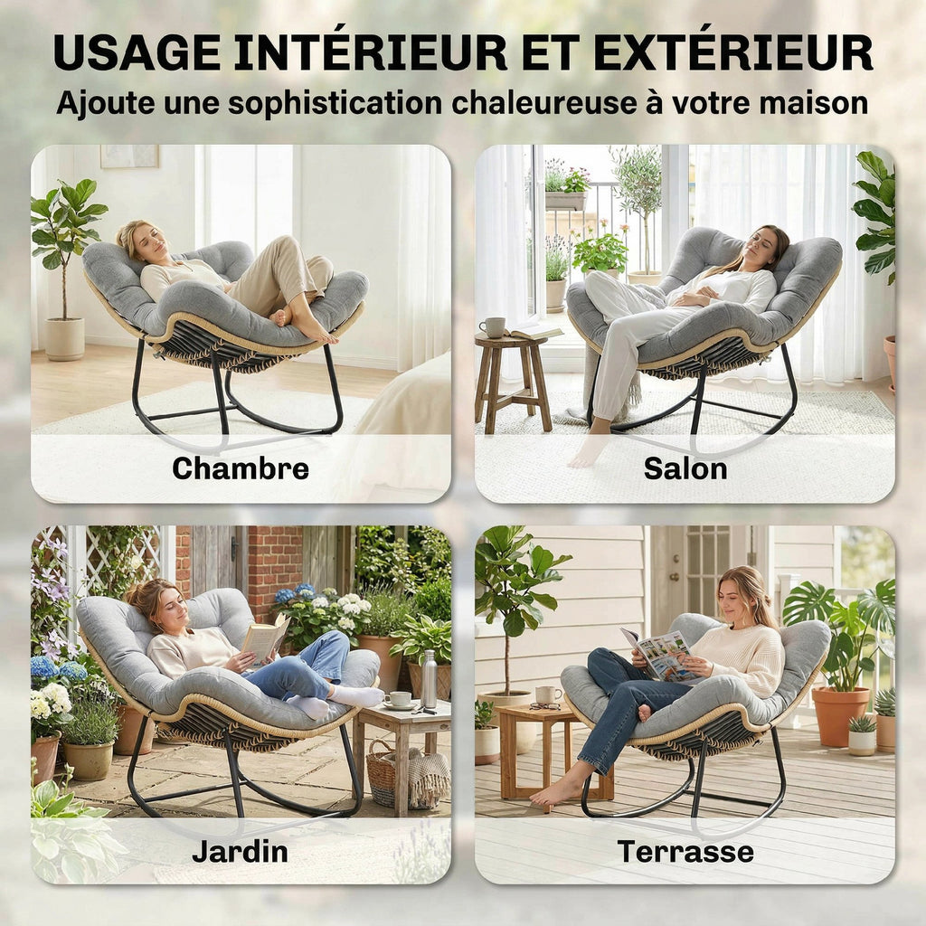 Fauteuil à bascule de jardin pour intérieur et extérieur, rocking chair en résine tressée avec coussin moelleux, gris